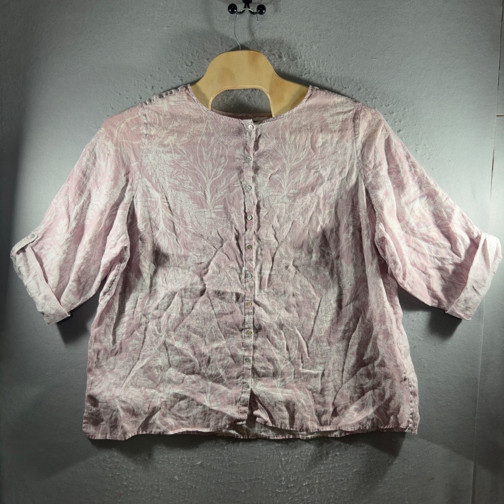 3268 | Tahari Linen Floral Button Down Blouse Mauve Pink Women 3X
